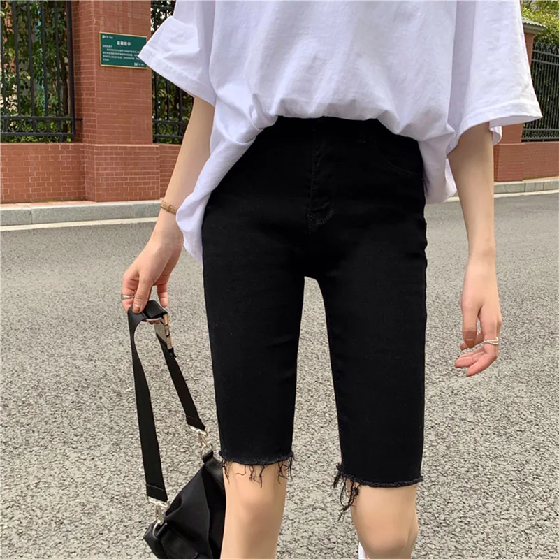 Women Black Denim Shorts Raw Edge Ins Style Ladies Shorts Jeans Slim High Waist Straight Five Point Pants Skinny Summer Clothes basketball shorts