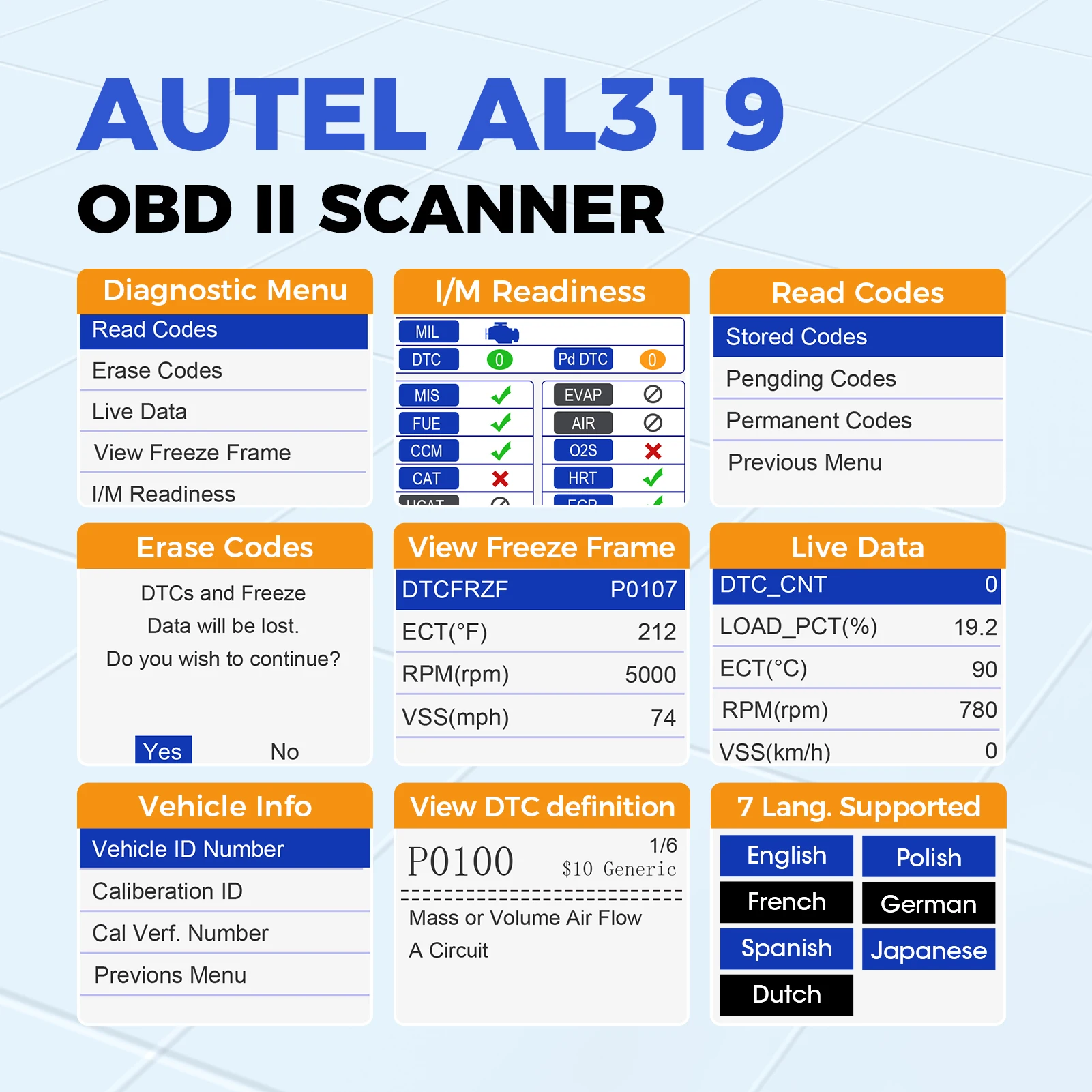 Autel AL319 Code Reader OBD2 Diagnostic Scan Tool One-click I/M Readiness Key for Check Engine Light Turn-off Freeze Frame Data 3