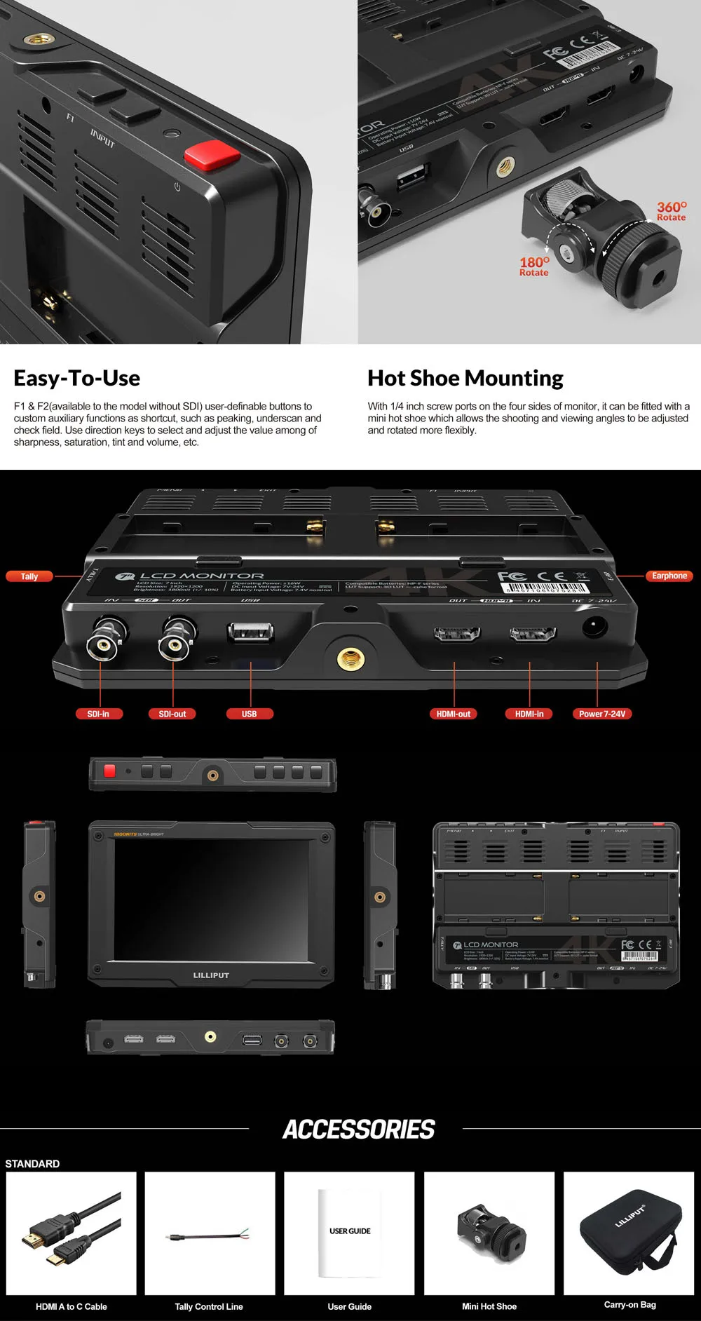 H7S 7 inch 1800nits ultra bright HDMI-compatible SDI on-camera monitor