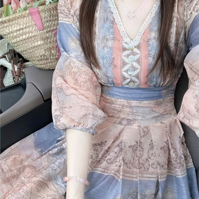 

Romantic Collar Printed Dress for Women Vacation Style Waist Slimming Temperament Elegant