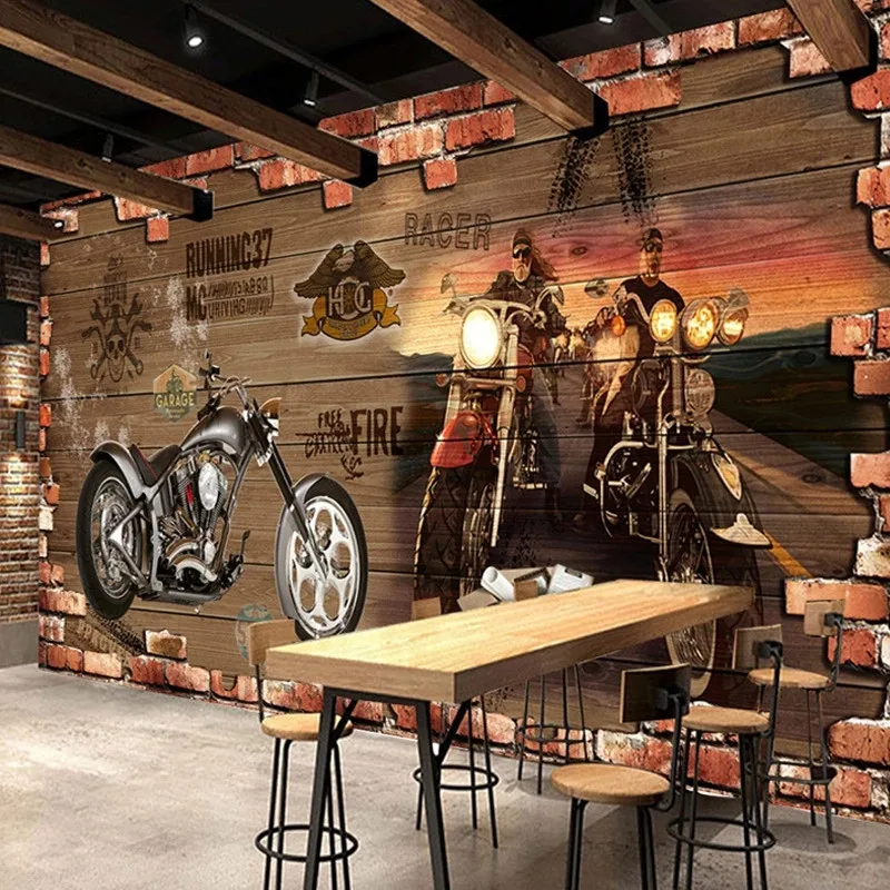 

Retro Motorcycle Brick Mural Restaurant Cafe Wallpapers Industrial Decoration Creative Background Wall Paper Papel De Parede 3D