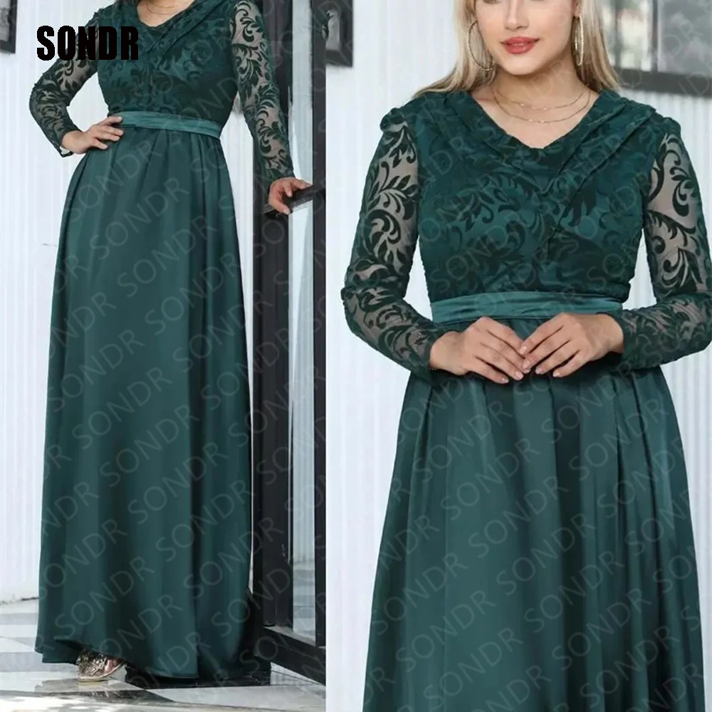 

SONDR Classic Green Long Evening Prom Gowns Dresses V Neck Full Sleeves Satin Formal Event Princess Night Party Dress Gown