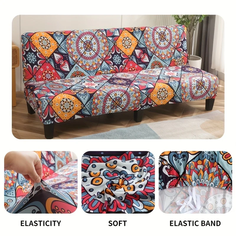 LANMOLIFE Printed Armless Sofa Bed Cover Foldable Sofa Bed Futon Furniture Covers is Machine Washable For Living Room Hotel 3