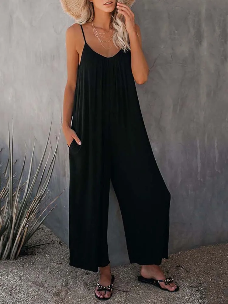 

2023 Summer Black Long Jumpsuit Women Overalls Sleeveless V Neck Loose Jumpsuits Romper Oversized Jumpsuit Overalls For Women