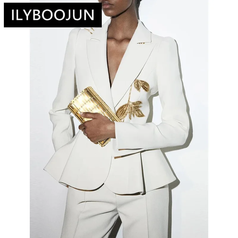 

White Outfits Women 2024 New Designer Handmade Beads Flower One Button Bussines Blazer Flare Pants Set Two Pieces Formal Suits