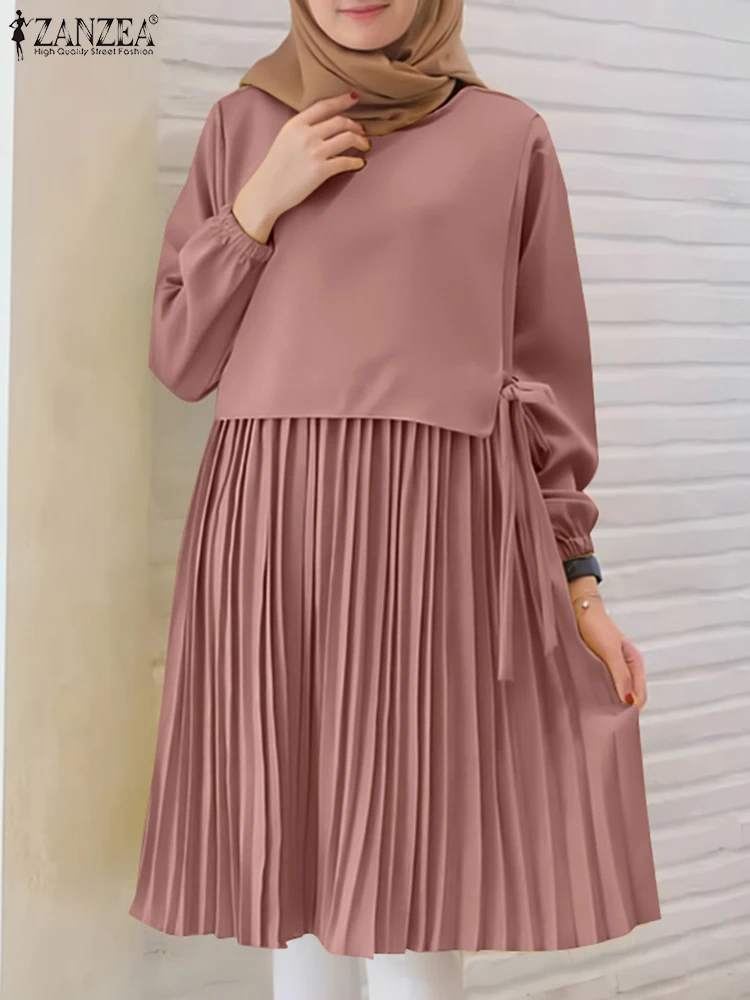 Women Muslim Long Tops Turkey Abaya Kaftan IsIamic Clothing ZANZEA Elegant Long Sleeve Pleated Blouse Casual Lace Up Shirt
