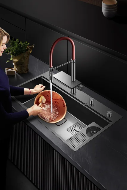 อ่างล้างจานมัลติฟังก์ชั่นสแตนเลส ASRAS 304 พร้อมอ่างล้างจานสีเทานาโนขั้นบันไดสองชั้นและอุปกรณ์ล้างถ้วย 5