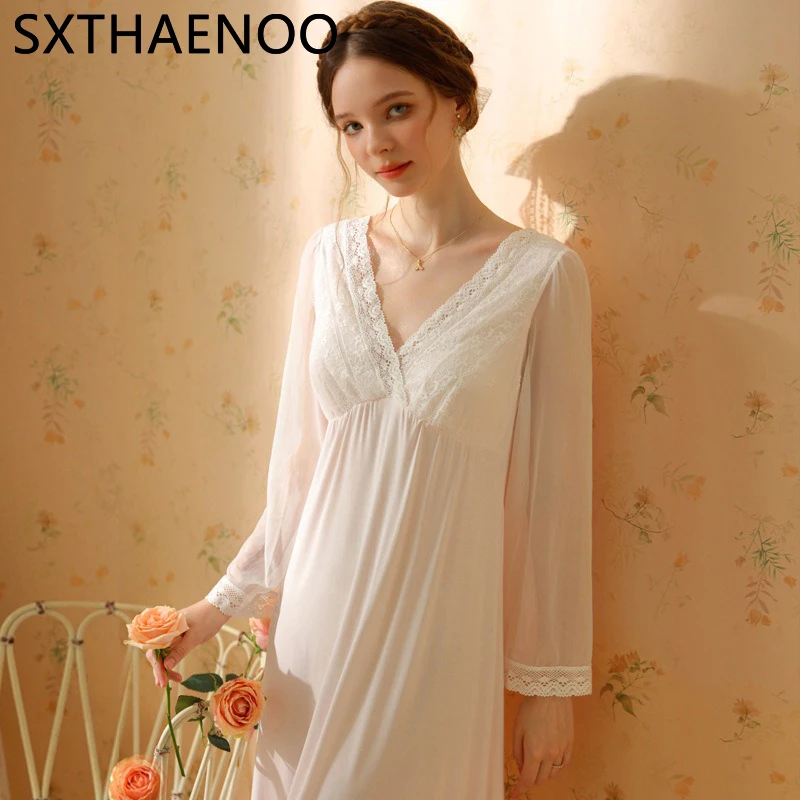 

SXTHAENOO 2023 New Elegant Sleepwear Set Modal Pajamas With Chest Pad Long Sleeve Night Dress Autumn Court Princess Nightdress