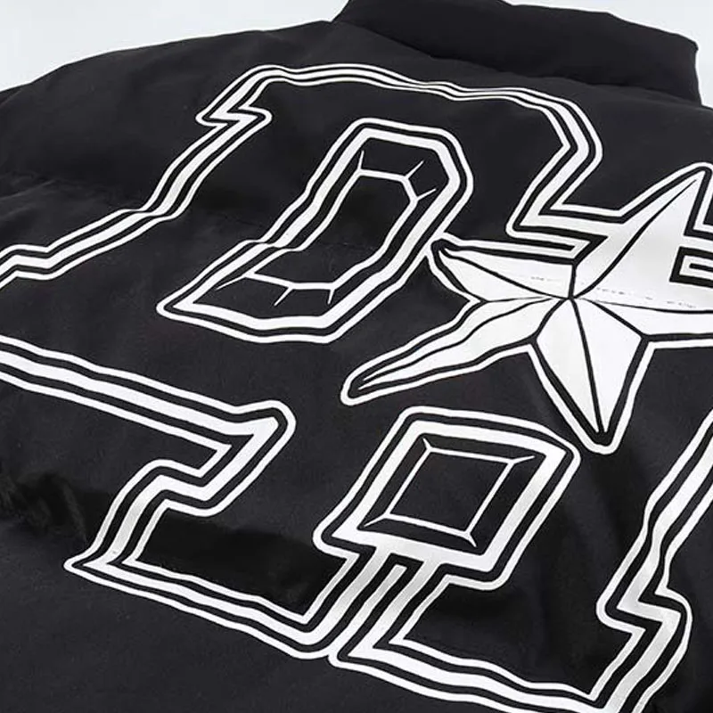 Streetwear Retro Letter Printed Padded Parkas Mens Winter Thicken Warm Oversized Harajuku Casual Y2K Puffer Jackets Unisex Black