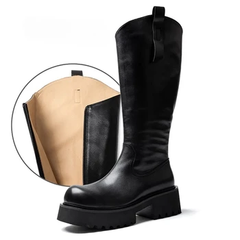 Men's Thick Sole 6.5cm Height Increasing Knee High Side Zipper Platform Riding Boots Male Shoes Genuine Leather Knight Boots