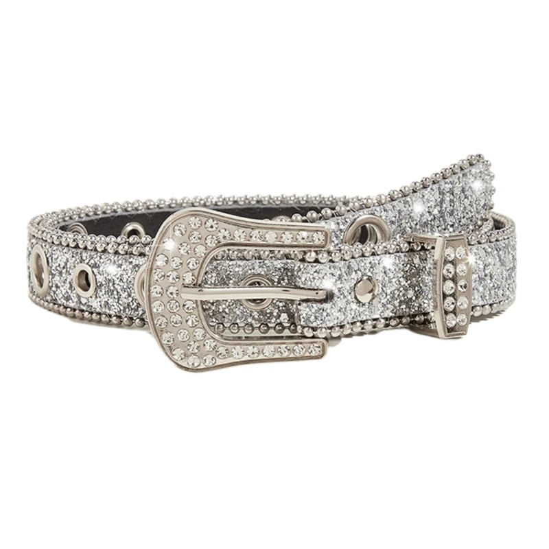 INOGIH Cintura con strass per donne e ragazze, cowgirl occidentale, cintura in pelle con borchie e diamanti per jeans e vestiti, bianco, vita 33-41