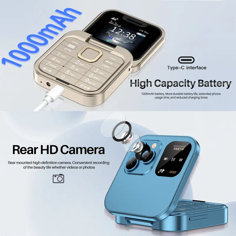 SERVO Mini Flip Mobile Phone 4G/2G Cellular 1.77" Diaplay Speed Dial Flashlight Recorder FM Radio Dual SIM Foldable Cellphones - Image 6