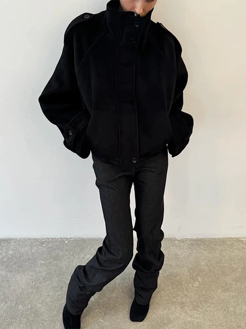 Casual Solid Loose Jackets Women Fashion Full Sleeve Single Breasted Stand Collar Short Coats Female 2026 Spring Lady Outwears 6