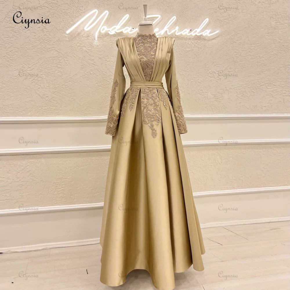 

Ciynsia High Neck A-line Gold Formal Dress 2024 Lace Beaded Satin Dubai Arabic Evening Gowns with Full Sleeves Robes De Soirée