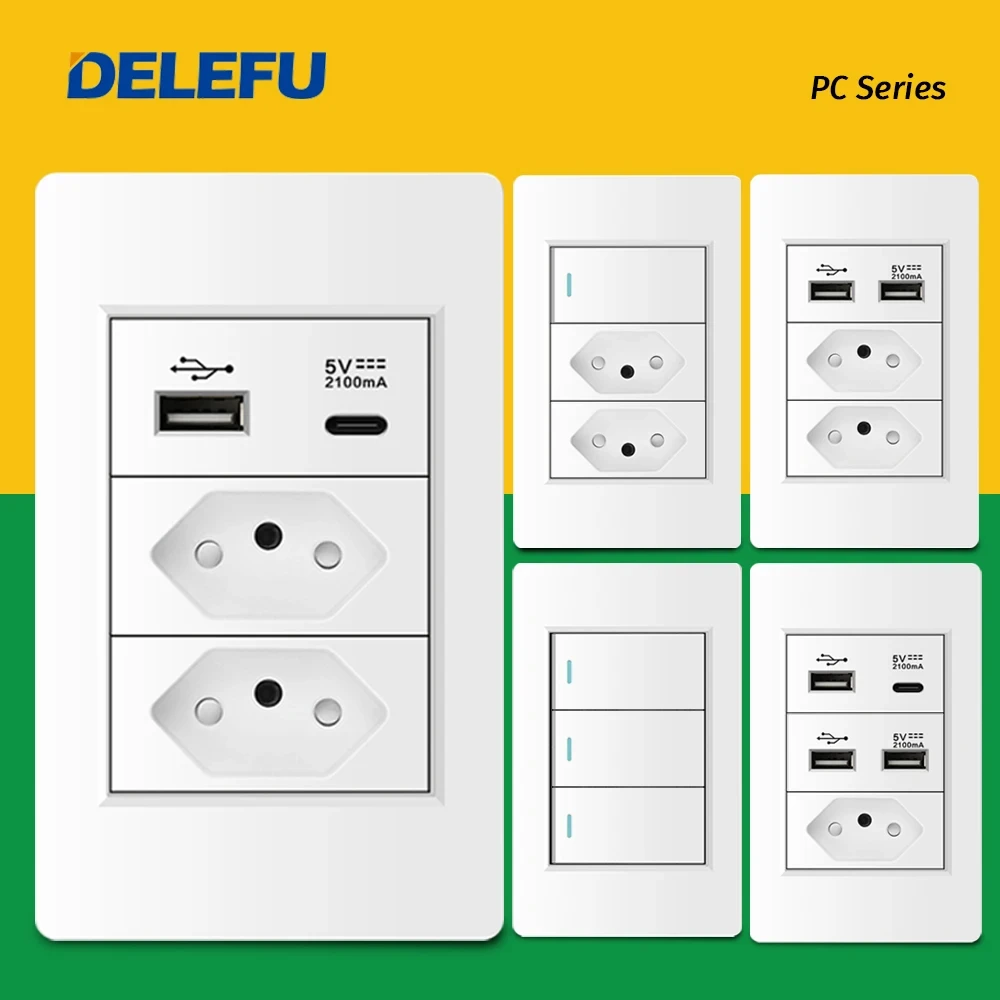 DELEFU Fireproof PC Panel Brazil Standard Outlet Double USB Type C Wall Power Socket Light Switch Office 118*72mm White 10A 20A