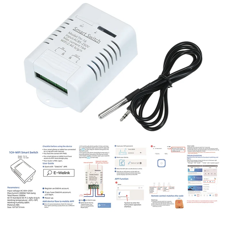 NNR- WiFi 스마트 온도 스위치 + RF 원격 16A 3000W 온도 모니터 스위치 모듈 가정용 Alexa