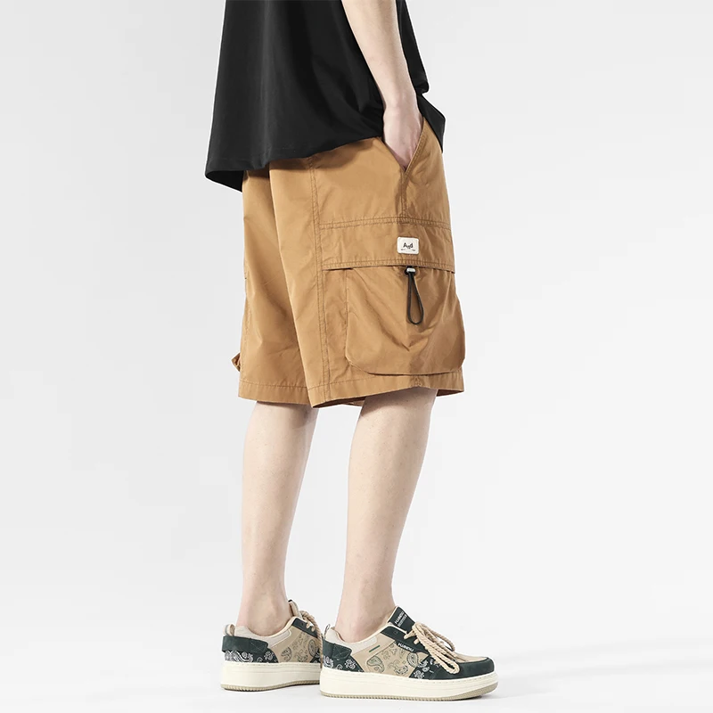 Summer Men's Solid Pockets with Elastic High Waist Casual Drawstring Loose Work Clothes Sports Trousers Fashion Vintage Shorts