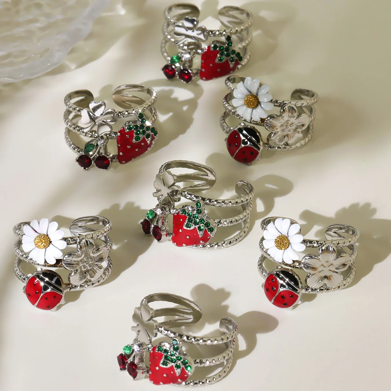 Sommer-Gänseblümchen-Kirsch-Ringe für Damen, wasserdicht, Edelstahl, vergoldet, Vintage-Ring, tägliches Schmuckzubehör – Detail 17