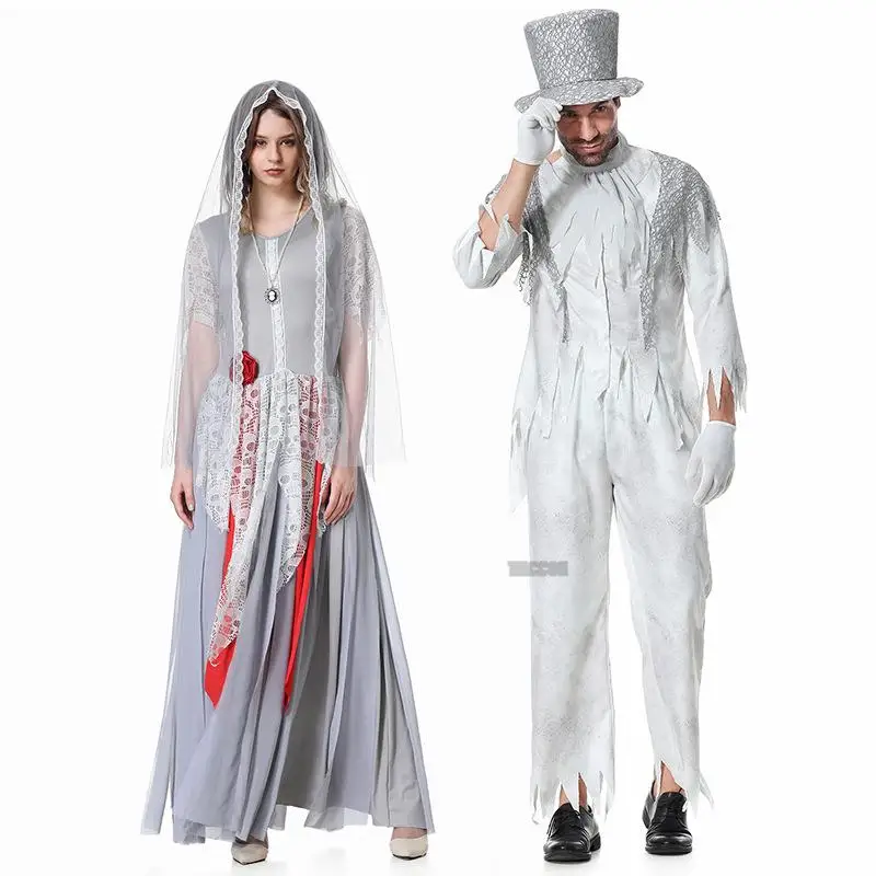 

Corpse Ghost Bride and Groom Costume Cosplay Scary Zombie Masquerade Halloween Fancy Couple Wedding Suit Carnival Party Dress Up