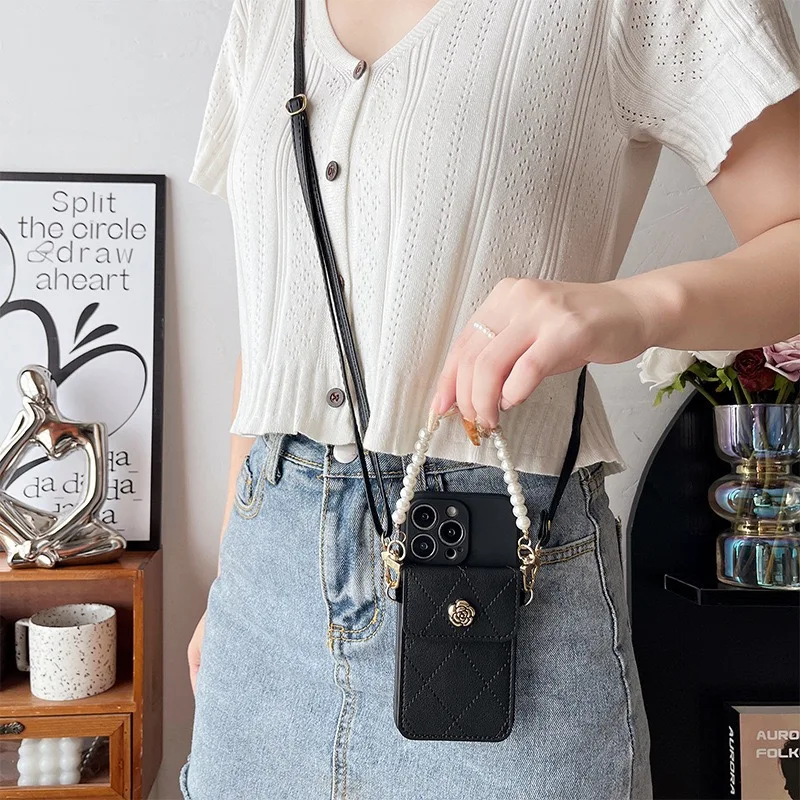 Elegant Wallet Phone Case with Floral Design and Pearl Strap