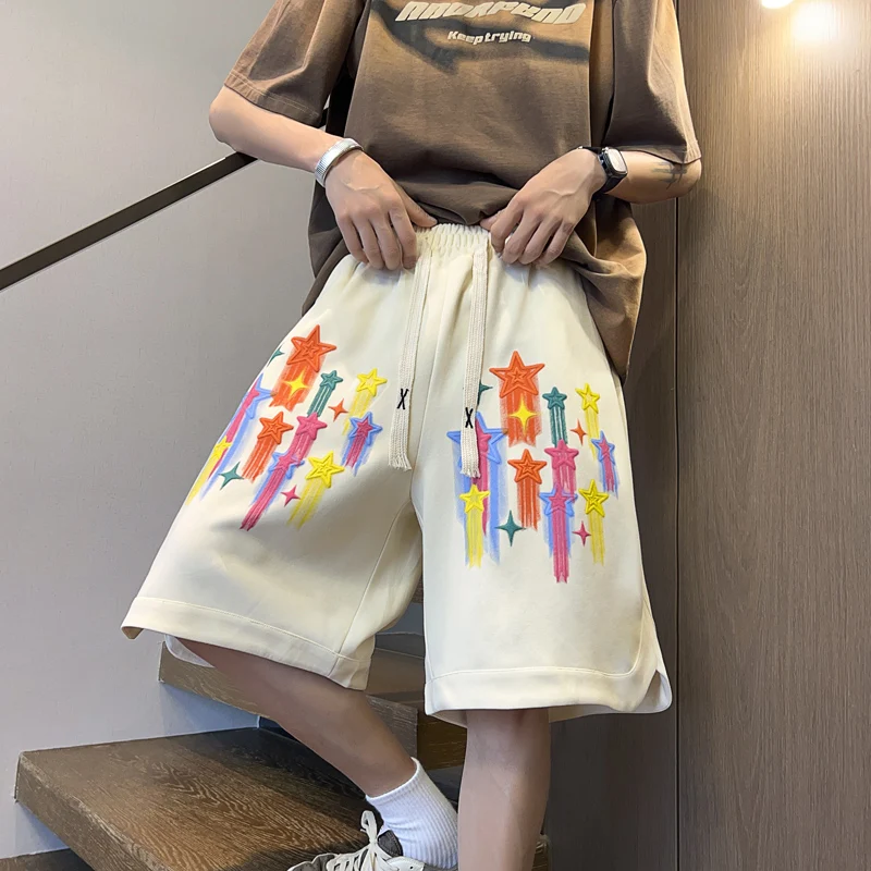 High Quality 2024 Summer Men's Loose Cotton Shorts Youth Wide Leg Drawstring Knee-Length Pants Hip Hop Streetwear Short Trousers