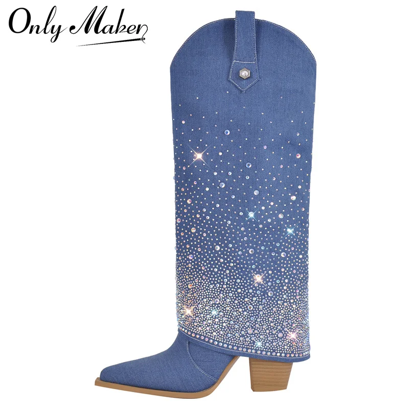 

Onlymaker Women Rhinestones Pointed Toe Blue Knee High Boots Fold-Down Pull On Block Chunky High Heels Boots