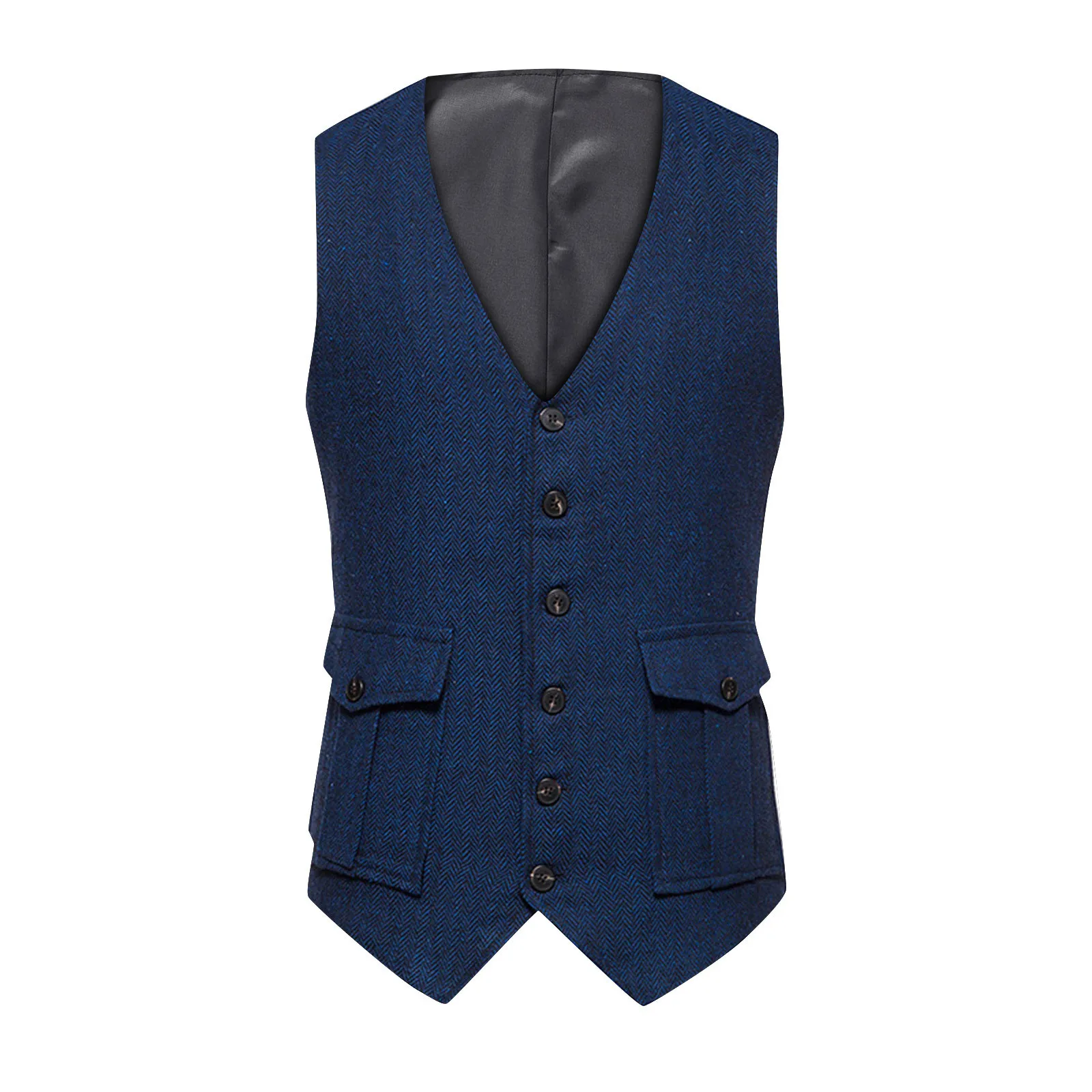 

Men'S Retro Lapel Single Breasted Suit Vest Herringbone Ni V-Neck Vest Suit Vests Herringbone Wool Double Breasted Waistcoat