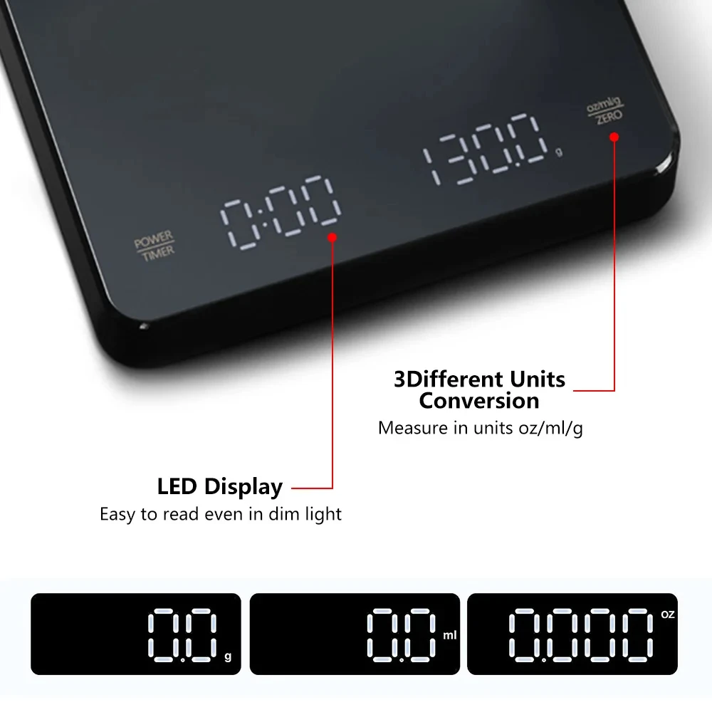 Description Picture 6 of item1pc Digital Scale with Timer LED Screen Espresso USB 3kg Max.Weighing 0.1g High Precision Measures in Oz/ml/g Kitchen Scale