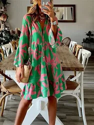 Spring Boho Print Dress Fashion Women V-neck Flare Sleeve Casual Loose Dress Summer Elegant Ladies Vacation Shirt Dresses 2024