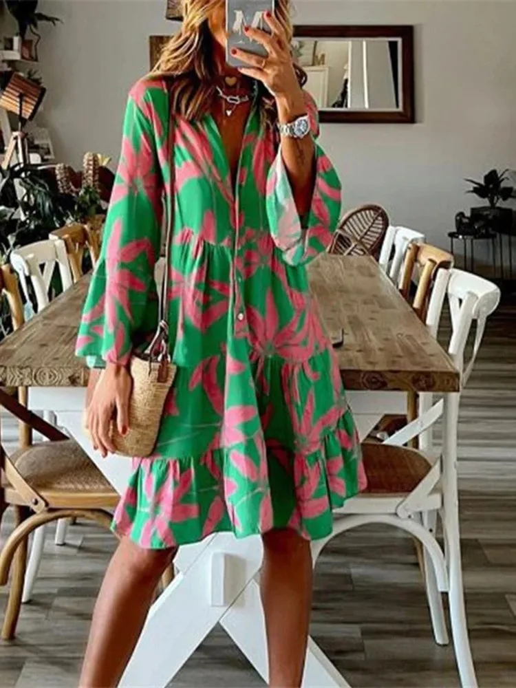 Spring-Boho-Print-Dress-Fashion-Women-V-neck-Flare-Sleeve-Casual-Loose ...