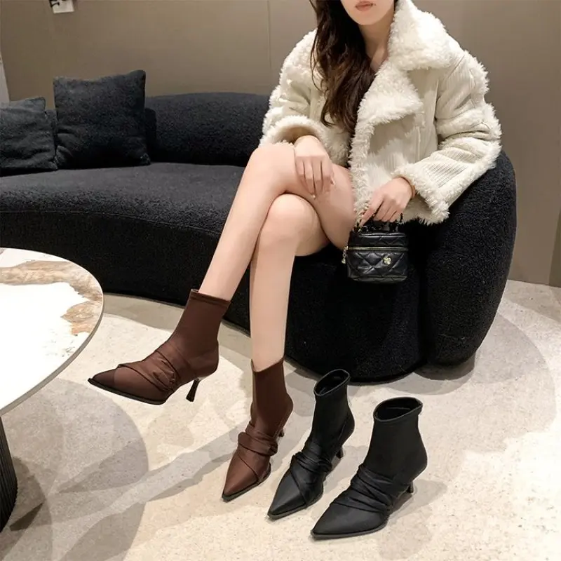 New Brand Women Ankle Boots Fashion Pointed Toe Slip On Ladies Elegant Short Boots Shoes Thin High Heel Dress Pumps Comfort New