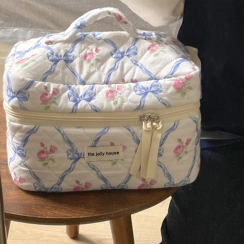 Women Cute Bow Flower Zipper Quilting Cotton Makeup Bag