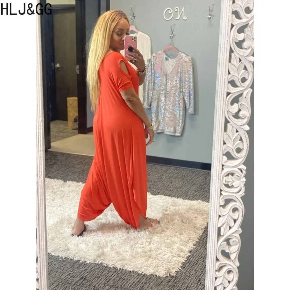 HLJ&GG Fashion Loose Street Style Women Off Shoulder Short Sleeve Harem Pant Playsuits Casual Female Solid Streetwear Overalls