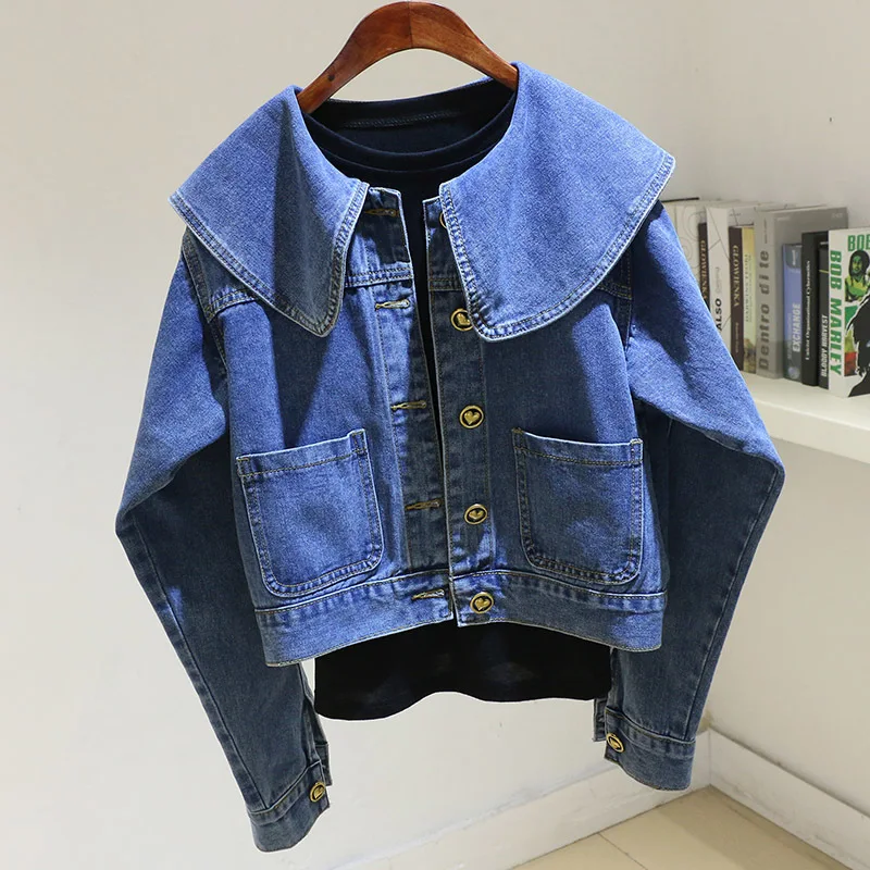 

Spring Autumn Vintage Blue Ruffled Collar Denim Jacket Women Loose Short Cowboy Outerwear Big Pocket Jeans Jacket Coat Female