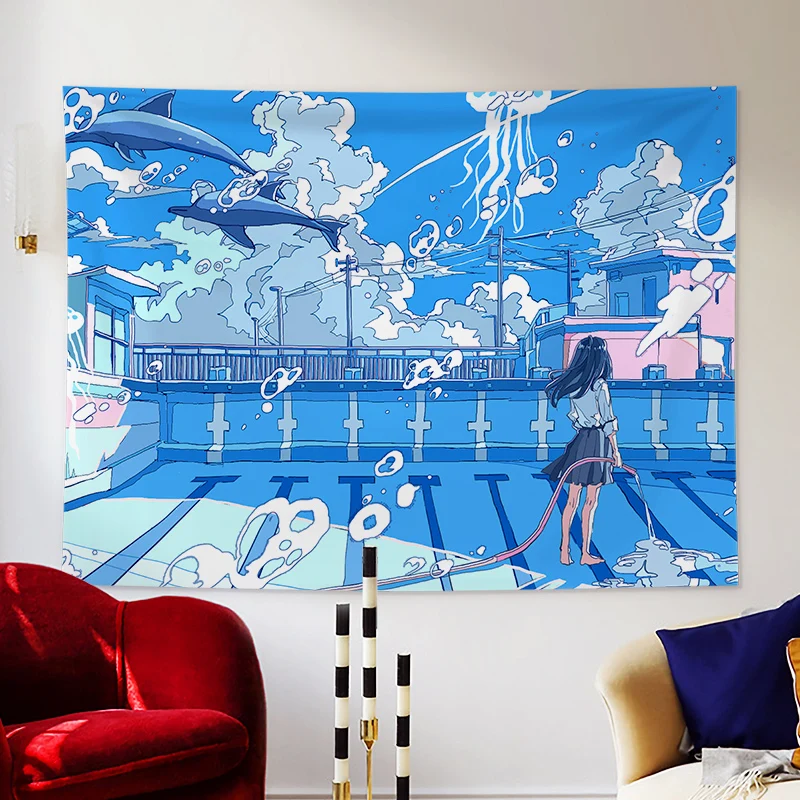 Japanese Hand-painted Illustration Printed Tapestry Cartoon Anime Whale City Landscape Tapestry Wall Hanging Kawaii Room Decor tapestry decor anime wall decor