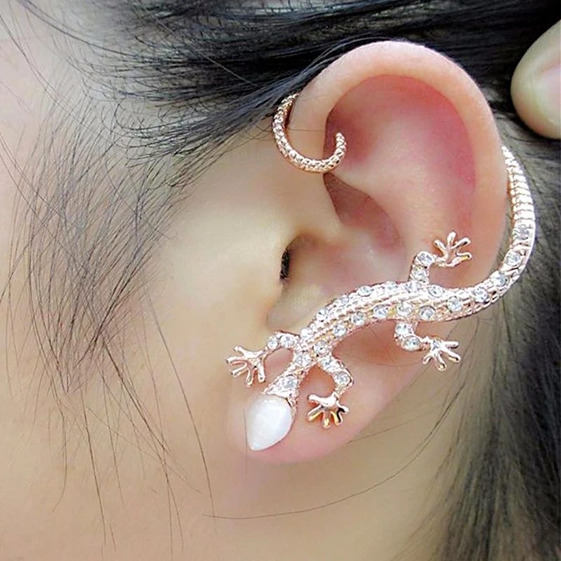 New Fashion Rhinestone Ear Cuff Earring luxury Rose Gold Color Exaggerated Gecko Lizards Earrings Elegant Metal Cat Ear Clip ear clip earrings,clip earrings,ear clip,ear accessories