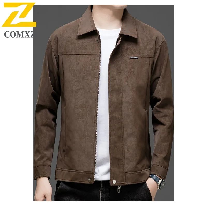 Men's Suede-Fleece Work Jacket Business-Casual Notch Lapel Coat with Premium Texture for Senior Gentlemen Daily Office Attire