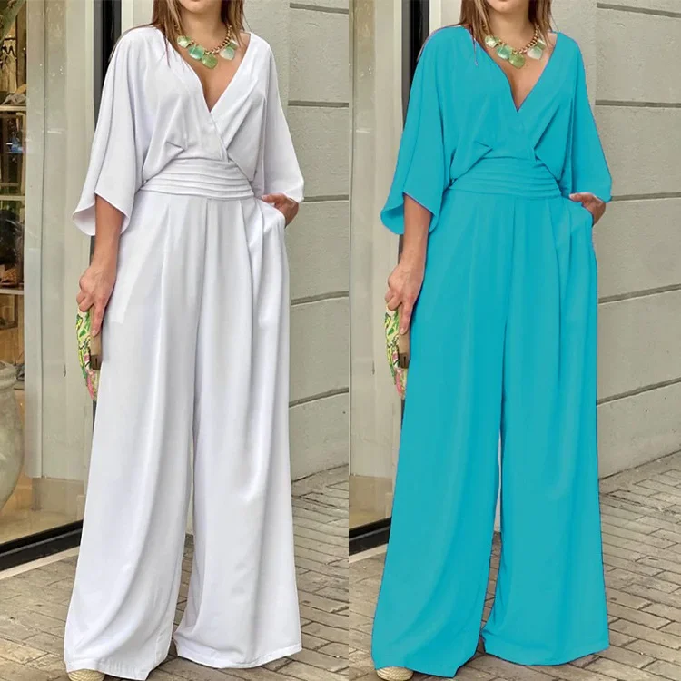 2023 Summer Women's Batman Sleeve V Neck Backless Waist Loose Wide Leg Jumpsuit White Jumpsuit
