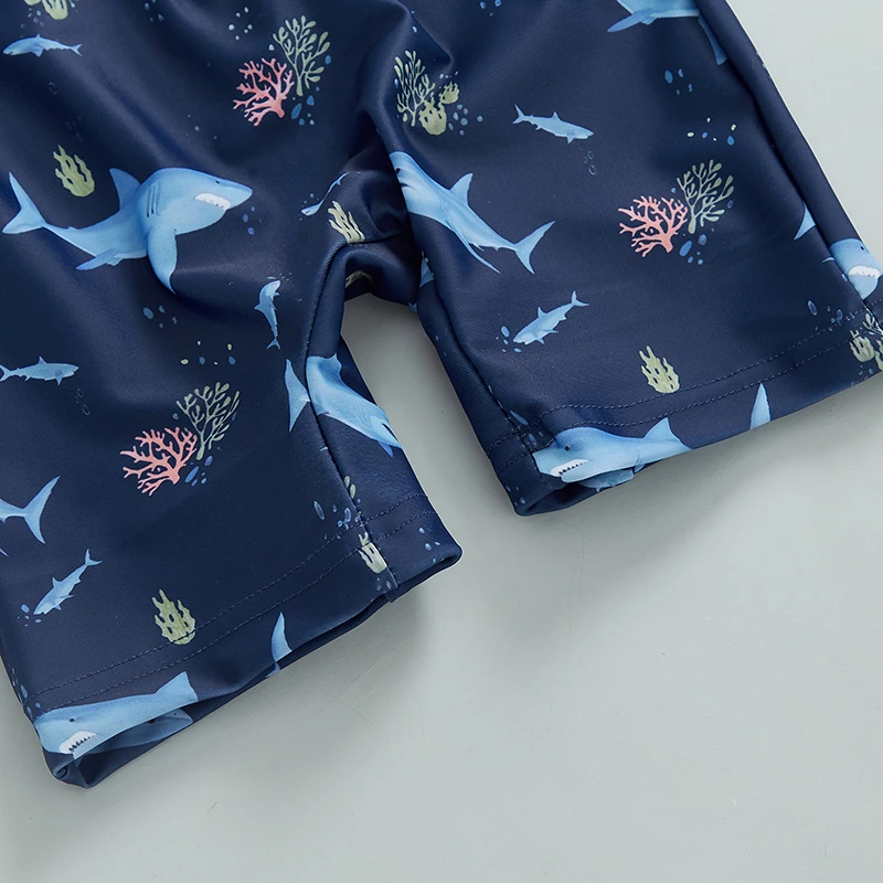 Toddler Infant Boy Rash Guard Swimsuit Shark Print Long Sleeve Half Zip up Bathing Suit Sun Hat 2 Pcs Swimwear Set