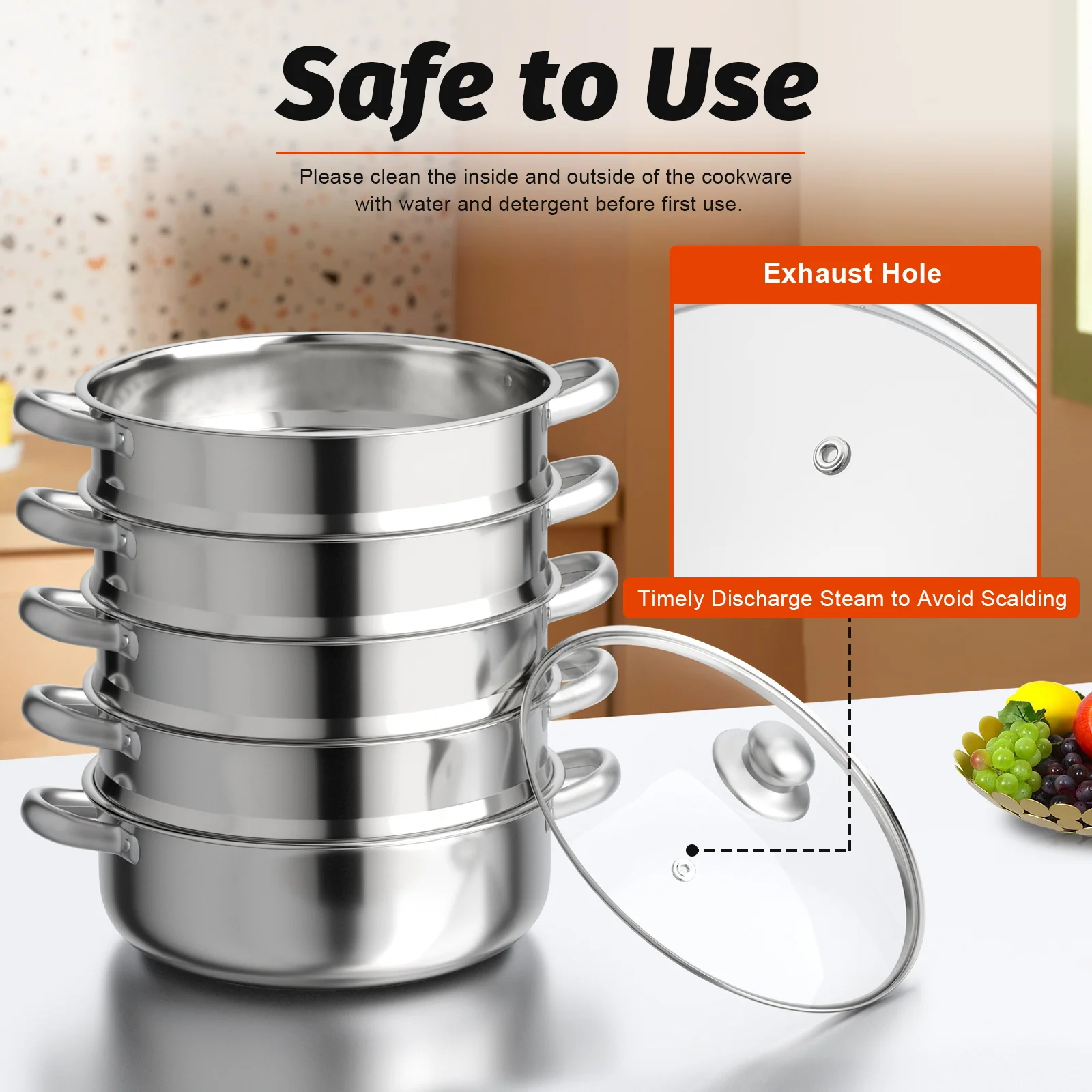 3/5Tiers Steamer Hot Pot Stainless Steel Cooker Steam Pot Food Cooking Glass Lid