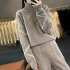 Women Suits 100% Wool Knitting Pant Ladies Sweater+Wide Leg Pants Autumn Winter Solid Color Soft Warm Pullovers for Female YP01 4