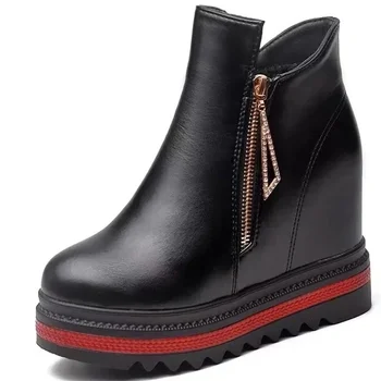 Women's Boots  Winter Leather Shoes Ladies Warm Boots Stylish Zip Shoes for Ladies Without Heel Boot Shoes