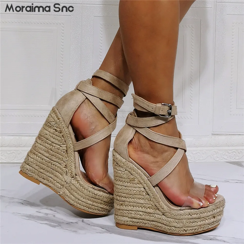 

Straw Braided Hemp Rope Wedge-Heeled Sandals Transparent One-Line Strap Cross Lace-Up Large Size Sexy High-Heeled Sandals