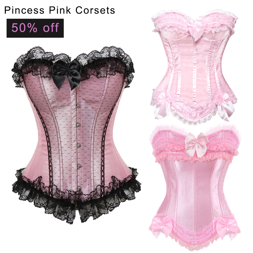 Pink Corset Bustier Top Victorian Overbust Princess Corset Lace Trim Showgirl Lingerie Costume Corsets for Women Plus Size
