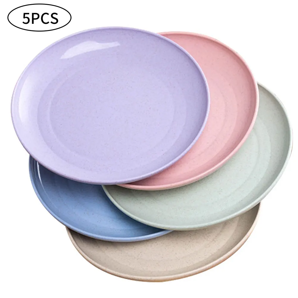 5PCS 15cm Wheat Straw Plate Set Round Dishes Unbreakable Lightweight Fruit Snack Salad Kids Dessert Dinner Plates Home Picnic