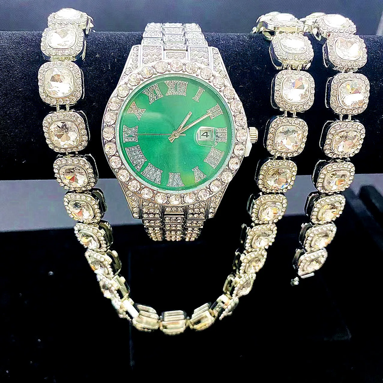 3PCS Hip Hop Watch Necklace Bracelet Jewelry For Men Women Iced Out Bling Cuban Chain Tennis Silver Color Miami Christmas Gift