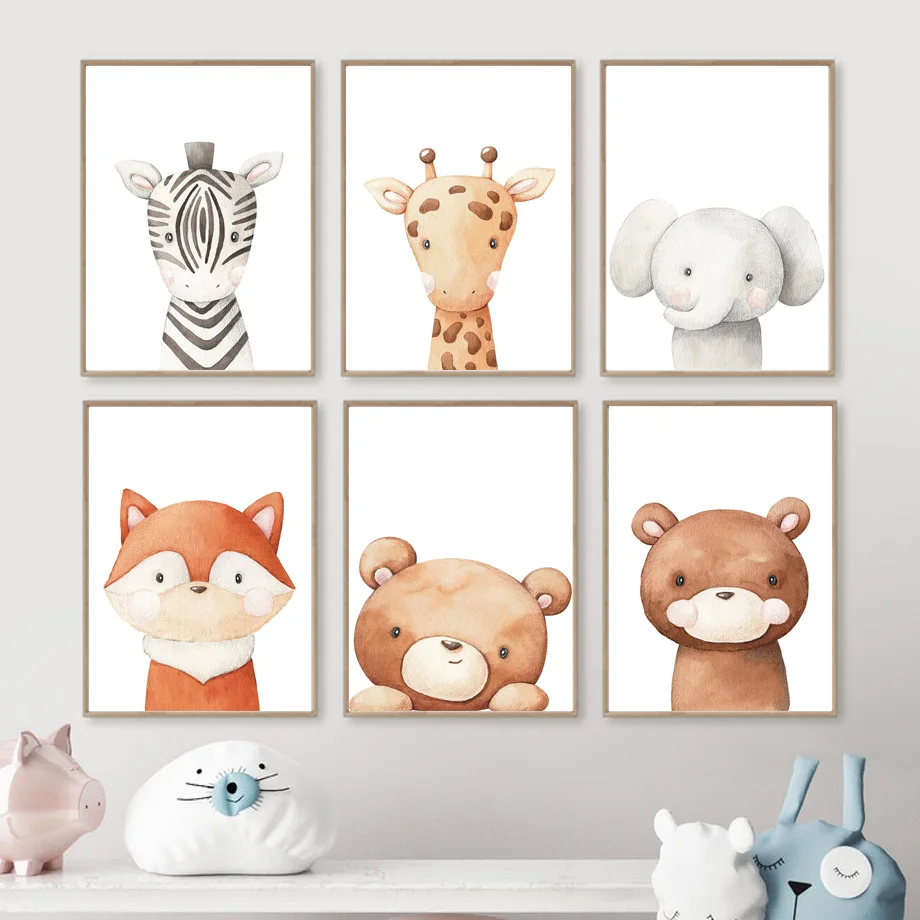 

Cute Elephant Giraffe Lion Bear Fox Deer Nursery Wall Art Print Canvas Painting Nordic Poster Wall Picture Baby Kids Room Decor