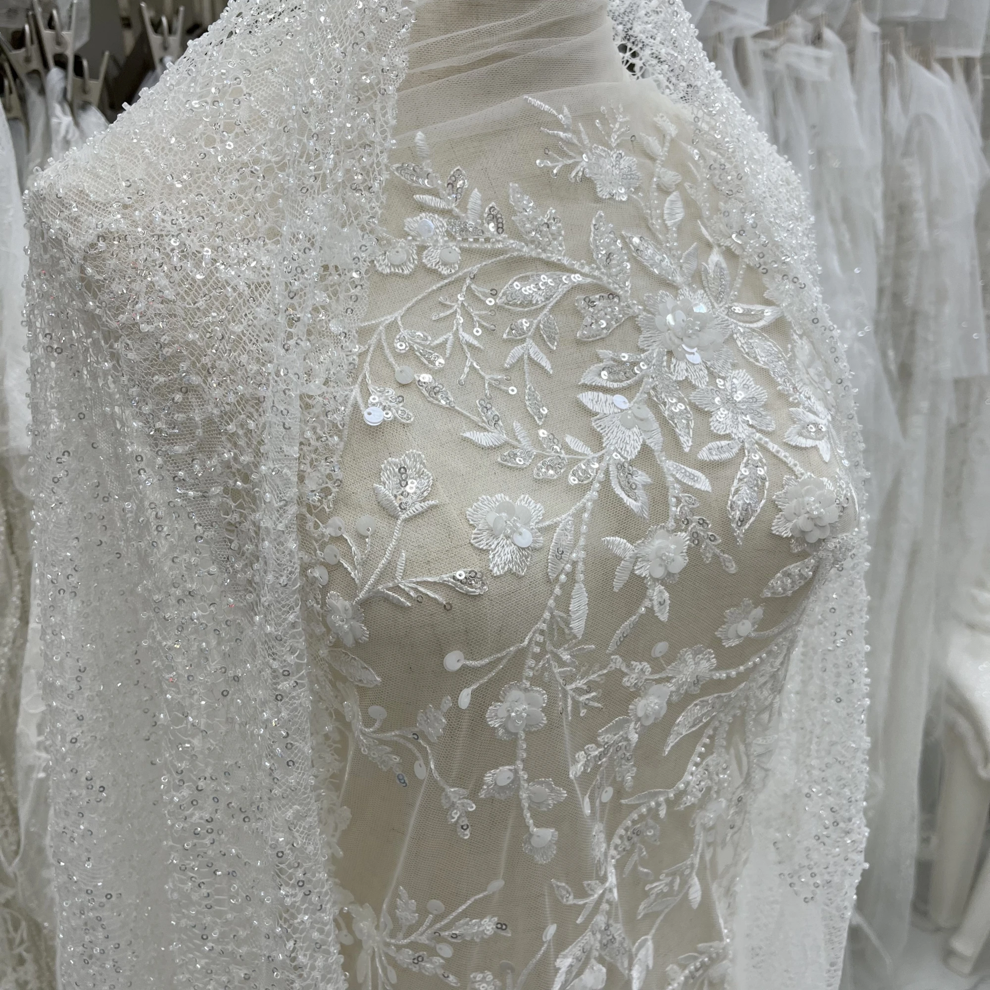 Unique Delicate Sequins Beads Tulle Embroidery Wedding Dress