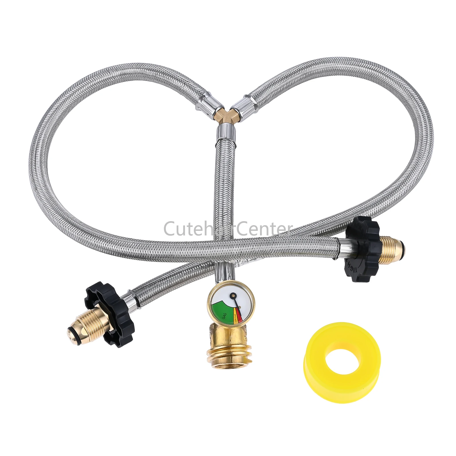 1kit Dual Propane Tank Connection Y-Splitter 2 Way POL & QCC Stainless Steel Hose Connect 5-100lbs Cylinder Grill Heater 350PSI