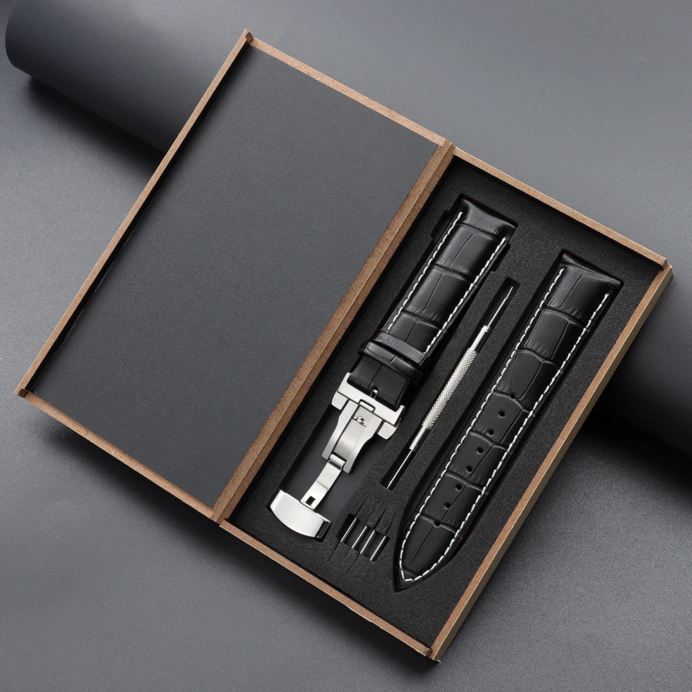 Elegant Genuine Leather Butterfly Clasp Watch Band with Premium Wooden Box
